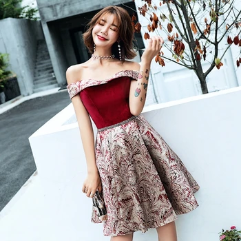 

Dress female word shoulder banquet red autumn short formal occasions were thin ladies host dress wedding temperament dress skirt