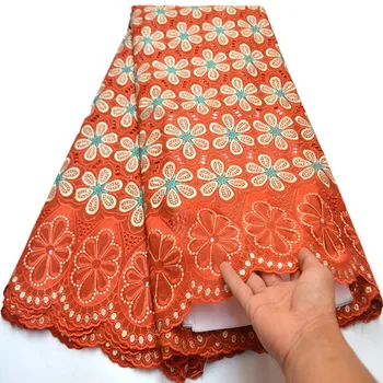 

5 yards orange neat embroidery African voile lace Swiss fabric with eyelet holes stones