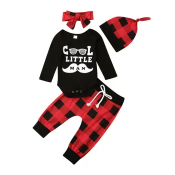 

Cool Little Man Print Long Sleeve Romper Xmas Kid Baby Boy Girl Clothes Plaid Romper/T-Shirt + Pants Hat Outfit Set Clothes