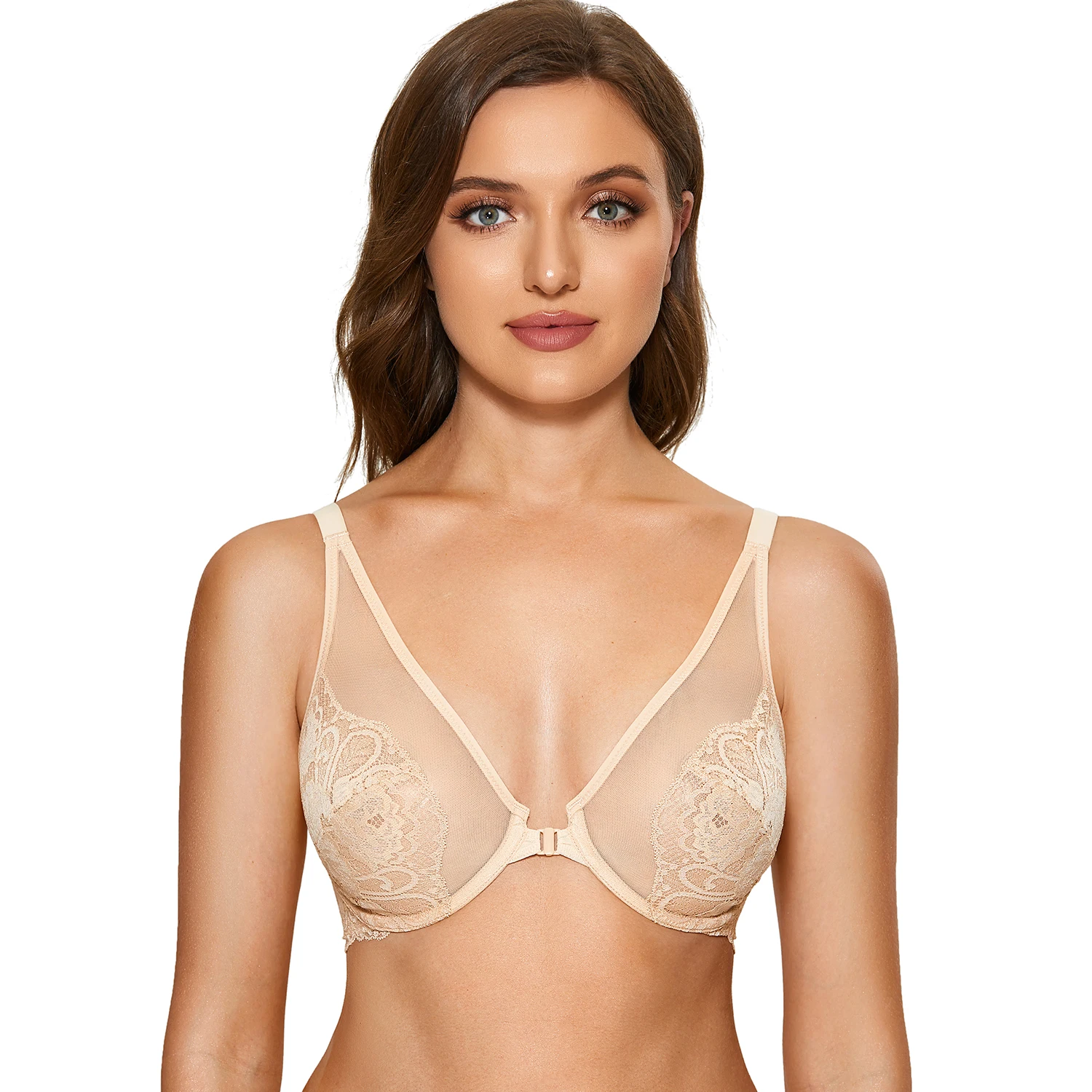 DOBREVA Women's Lace Strapless Bra See Through Minimizer Plus Size Underwire  Bra