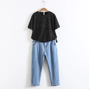 

2020 New Oversize Plus Size 2020 Tshirt Women Set Short Ankle-length Pants Casual Button Fly Solid O-neck Ages