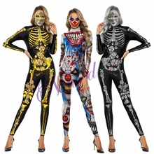 Сексуальный костюм на Хэллоуин для женщин Косплей джокер костюм 3D напечатанный спандекс Скелет Кроссбоди клоун комбинезон