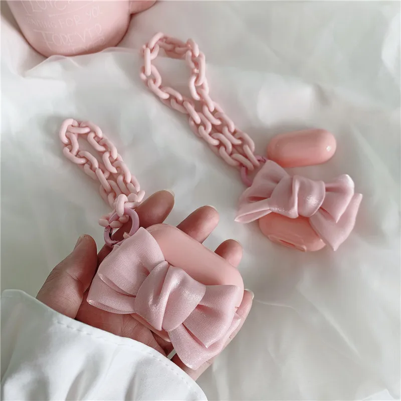 Fashion 3D Cartoon Pink Bow Keychain Earphone Case For AirPods 2 1 Pro Cute Bowknot Wireless Headphone Cover with Bracelet Chain |