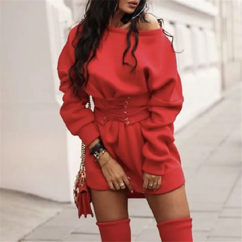 С открытыми плечами зимнее теплое платье-Толстовка размера плюс женское осеннее Повседневное платье с длинным рукавом на шнуровке с капюшоном PR345M - Цвет: Red