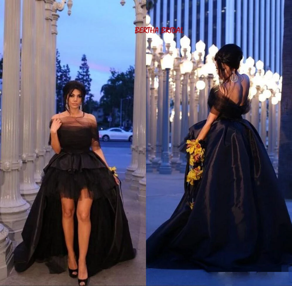 Vestido de festa черные платья выпускного вечера атласные тюль Высокий Низкий с открытыми плечами Формальное вечернее платье женские элегантные вечерние платья