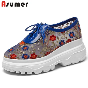 

Asumer 2020 genuine leather mesh single shoes women sneaker round toe cross tied embroider casual flat platform shoes woman