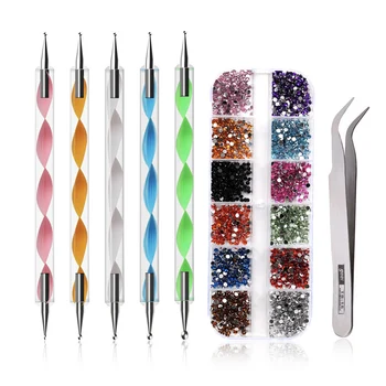 

Professional Nail Art Design Dual-ended Kit Nail Dotting Pen Crystal Rhinestone Pick Up Tweezers Rhinestone Studs Picker