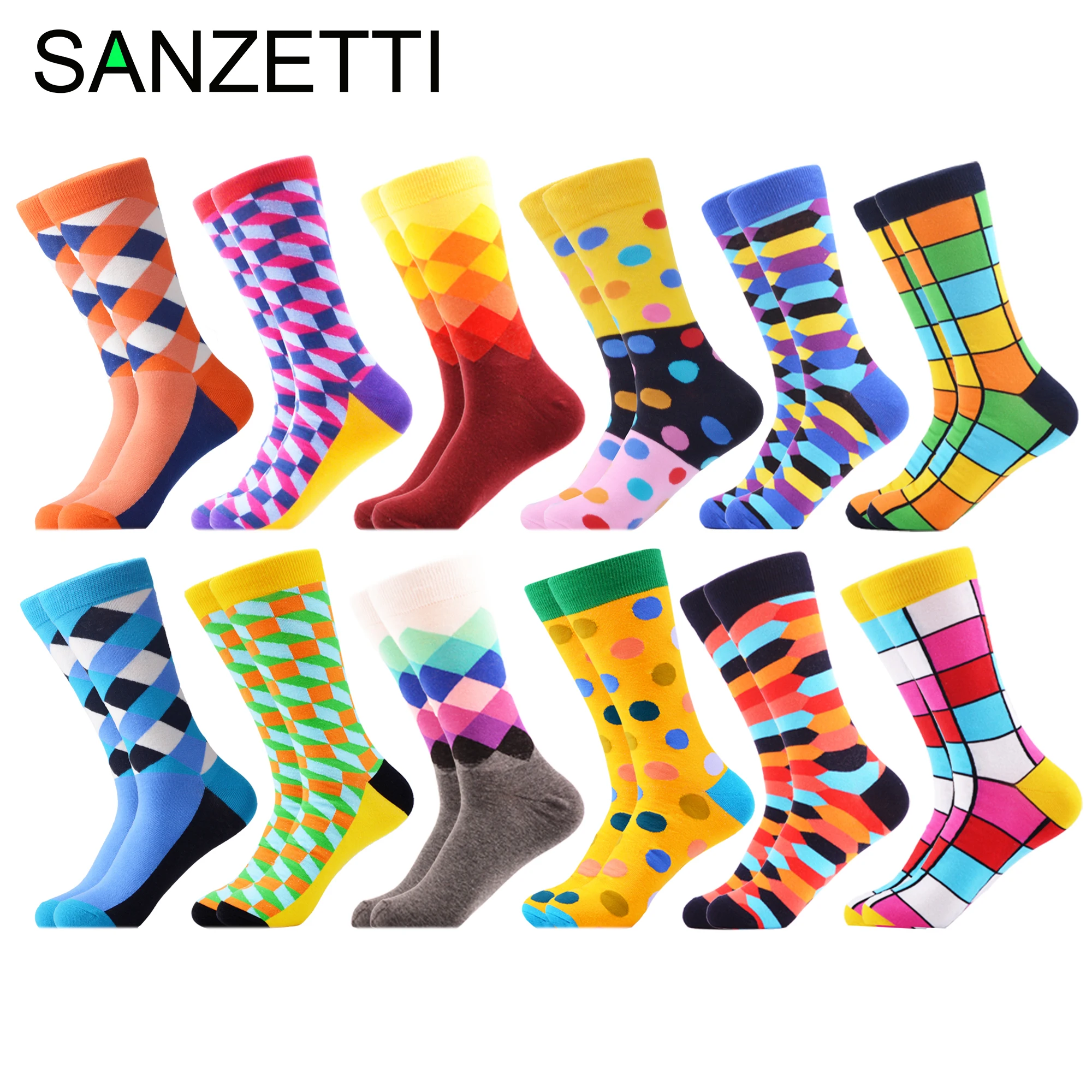 

SANZETTI 12 Pairs/Lot Wholesale Funny Men's Combed Cotton Colorful Socks Ostrich Shark Pattern Novelty Causal Dress Wedding Sock