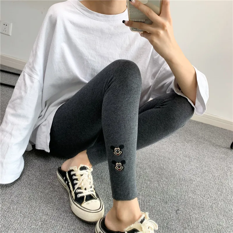 

Girl cartoon Mickey embroidered thread leggings spring and autumn new style cotton slim slimming nine-point pants women's tights