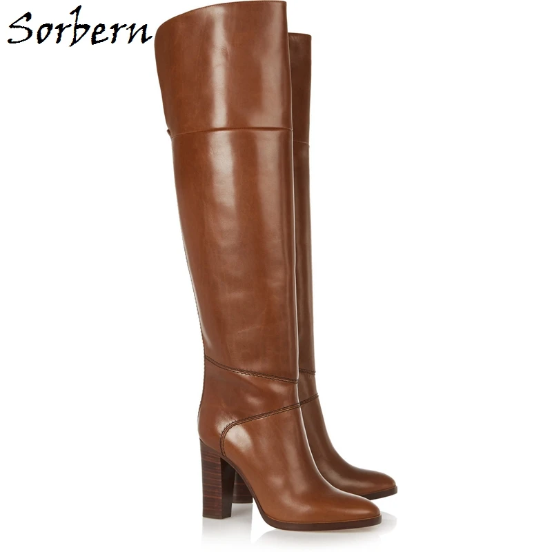 Sorbern; цвет коричневый; Botines Mujer; размера плюс; ботфорты выше колена на квадратном каблуке; zapatos mujer