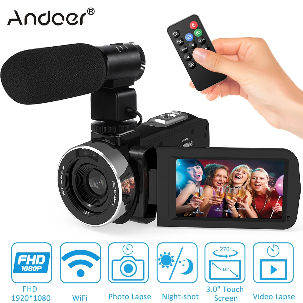 

Andoer 1080P HD WiFi Portable Digital Video Camera Camcorder 16X Zoom 3.0" LCD Touchscreen IR Night Vision + External Microphone