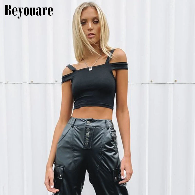 

Beyouare Strap Hollow Out Tank Top Sleeveless Cold Shoulder Sexy Casual Streetwear Solid Cropped Top Lady Slim Summer Cami Top