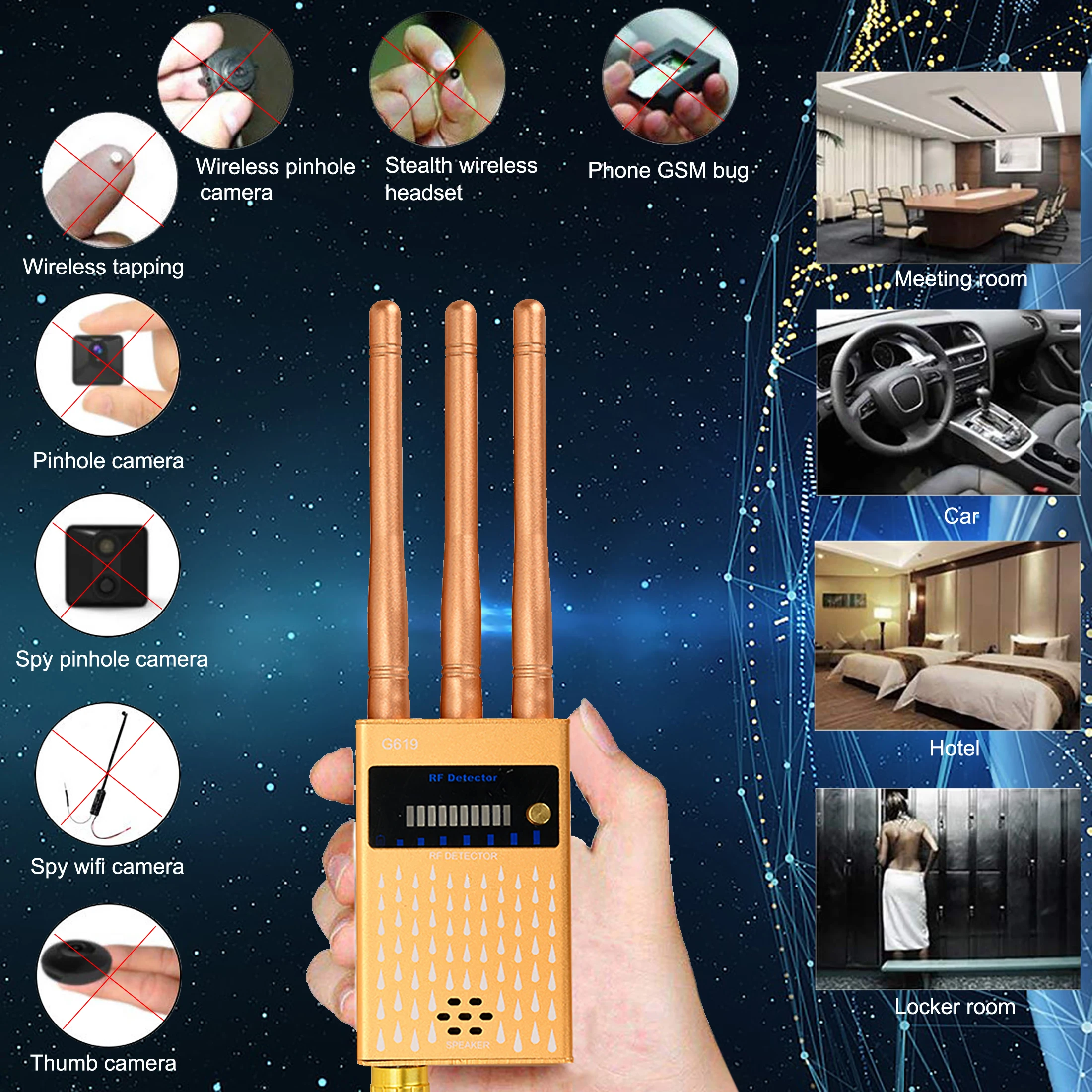 

G619 Anti Spy RF Multi-function Detector GSM Listening Device Finder WiFi Signal GPS Signal Lens Tracker Radar Radio Scanner