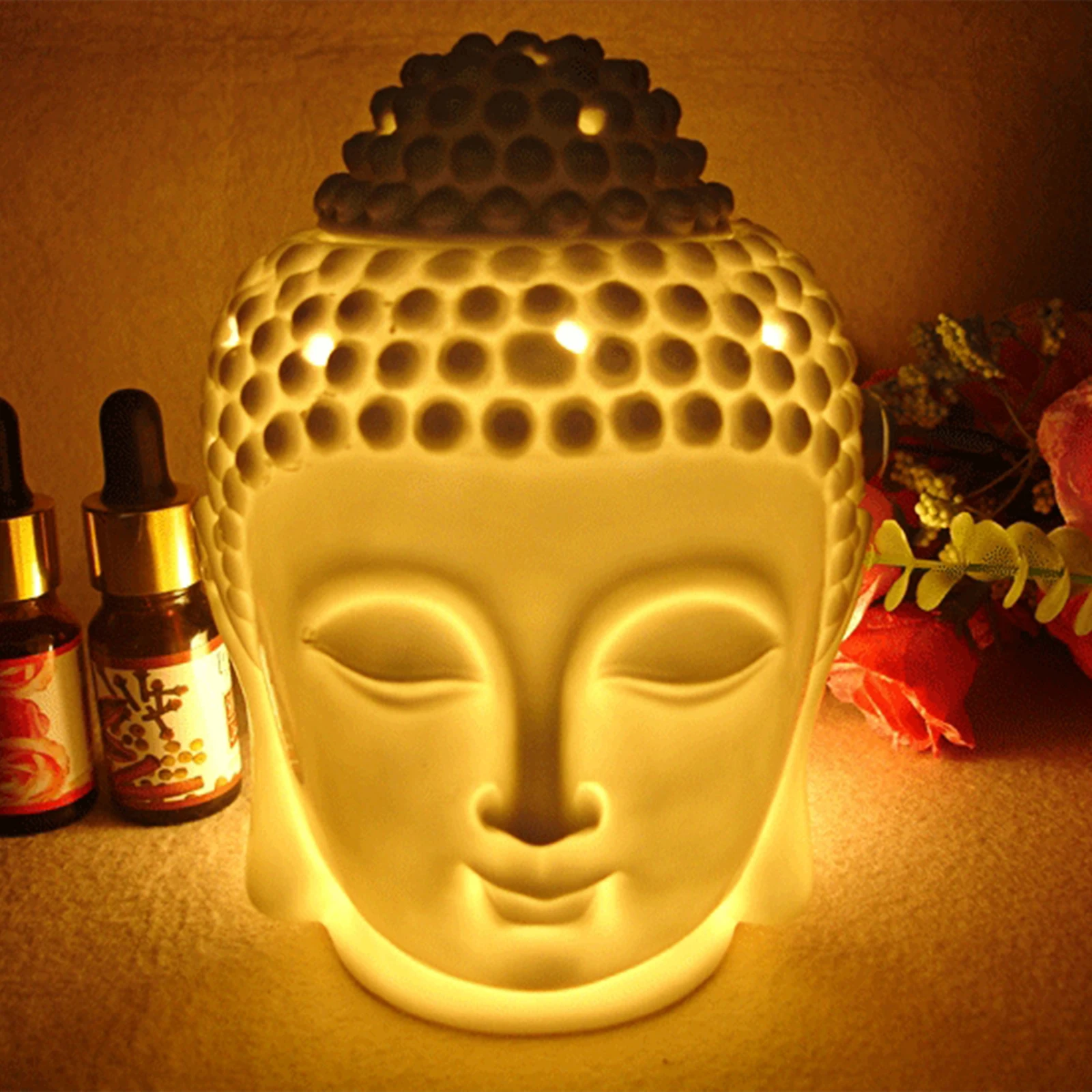 Ceramic Buddha Head Statue Oil Burner Translucent Ceramic Aromatherapy