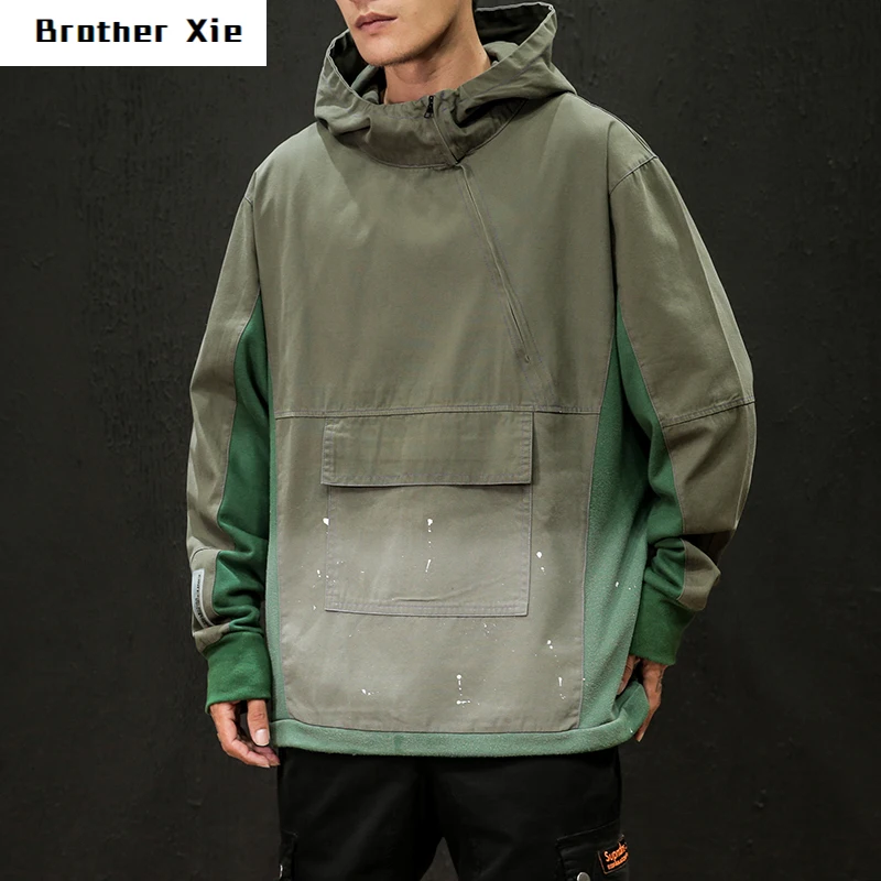 

Cotton Pullover Jacket Men's Fashion Hit Color Casual Hooded Jacket Man Streetwear Wild Loose Hip Hop Bomber Jacket Mens M-5XL