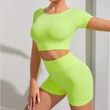 Conjunto de yoga sem costura feminino, manga curta, top crop, camiseta, cintura alta, shorts, roupa esportiva de treino, roupa fitness, roupas esportivas