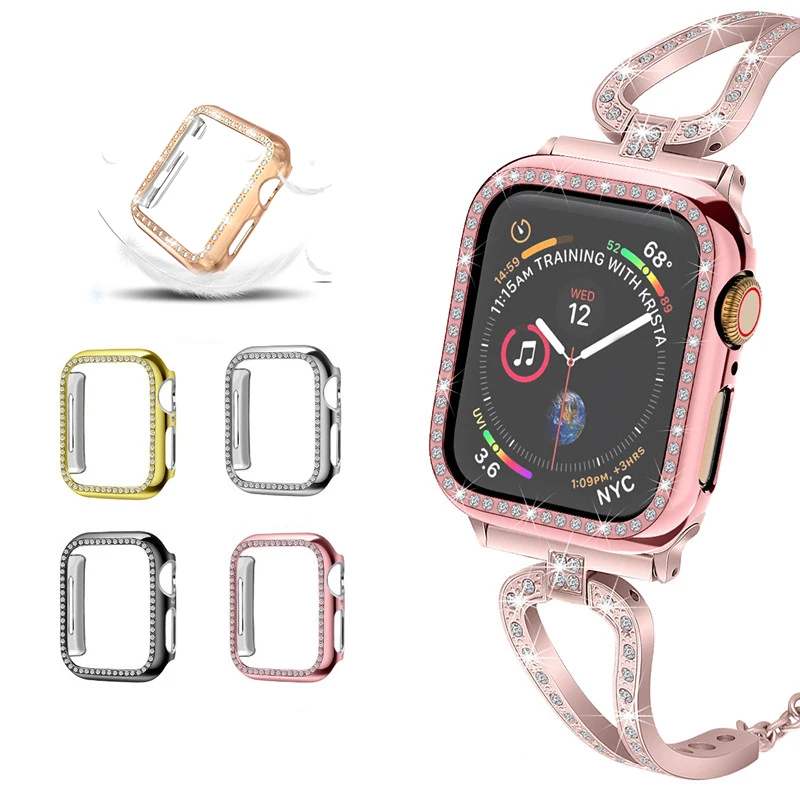 Чехол с двойными рядами бриллиантовых часов для apple watch чехол 38 мм 42 40 44 ремешок ПК Защитная крышка iWatch Series 5 4 3