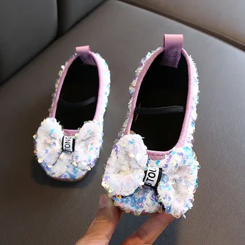 

New Spring Girls Leather Shoes Children's Fashion Princess Bow Sequin Casual Shoes Girls Soft Bottom Flowers Princess Shoes D408