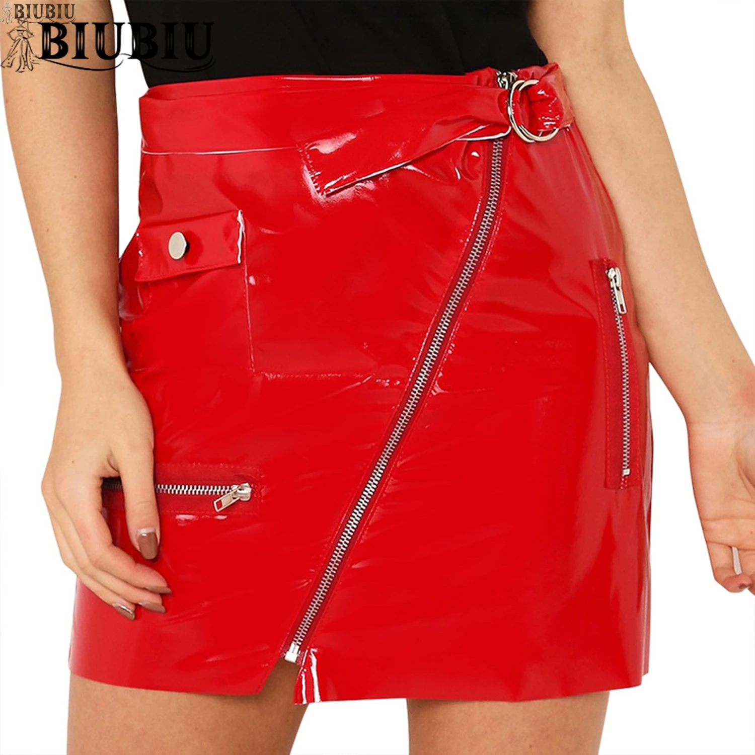 

BIUBIU 2019 Women Sexy PU Leather Pencil Skirts Fashion Zipper High Waist Skirt Solid Bodycon Short Mini Skirt Red jupe femme