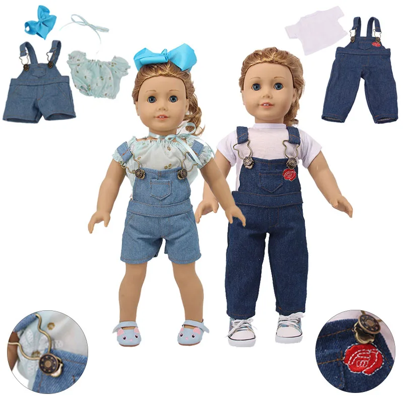 Кукольная одежда, 3 шт., джинсы, подтяжки, регулируемые лямки и футболка для 18 дюймов, американский стиль и 43 см, для новорожденных, куклы, поколение, игрушки для девочек