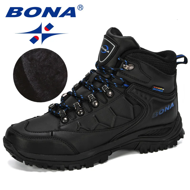 BONA New Leather Hiking Shoes Men Autumn Winter Climbing Boots High Top Trekking Hunting Shoe Trainers Black Waterproof Sports - Цвет: Blackroyalblue