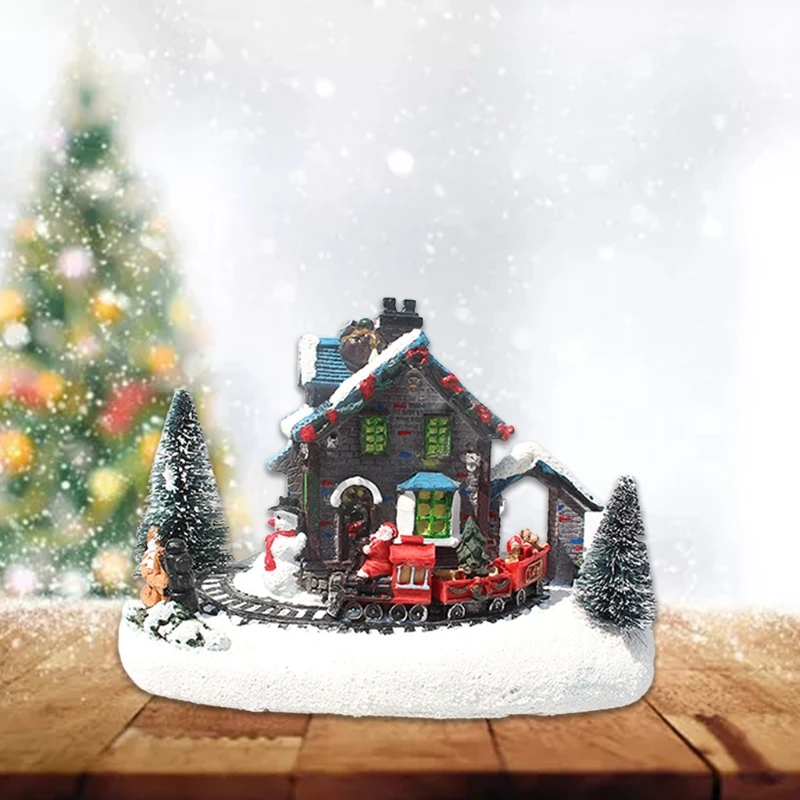 

Creative Color LED Lights Christmas Small Train Village House Luminous Landscape Snow Figurines Resin Desktop Ornament