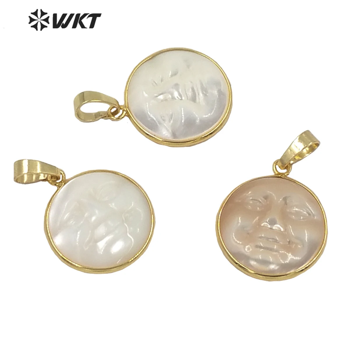 WT-JP243 American Hot Aales Round Carved Face Charms Lady Lovely Hand People Pendant Made Of Shell Necklace Accessories