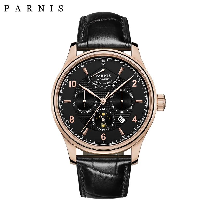 

Parnis 42mm Automatic Watch Moon Phase Power Reserve Watch Men Luxury Brand Top Miyota Mechanical Winder Watch PA6062-A Gift Men