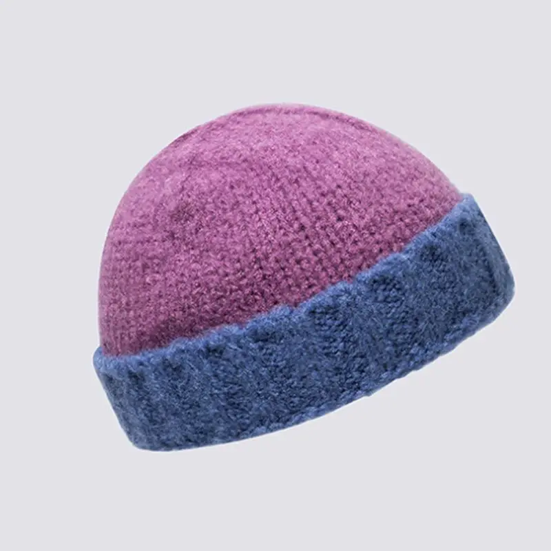 Adult Teens Winter Ribbed Knitted Faux Wool Beanie Cap Contrast Color Splicing Warm Soft Thick Vintage Student Cuffed Melon Hat