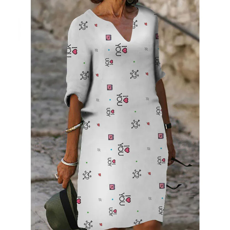 Half Sleeved V Neck Printed Loose Dress Women's Fashion Casual Vintage Spring Autumn All-match Plus Size Beach Dresses Vestidos