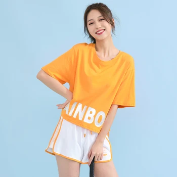 

IEF Spring Summer Causal 2pcs Sport Set Oneck Letter Loose Orange Tshirt Elastic waistband White Shorts 1301A-D12787-