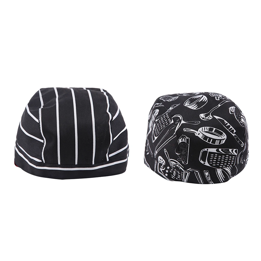 2 Pieces Unisex Chef Pirate Hat Cap Chef Headscarf Headwrap Black and White Stripes Chef Cap