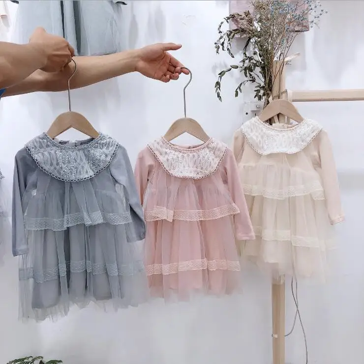 

Autumn 3Color Lace Princess Dress For Girls Elegant Girl Tulle Long Sleeve Party TUtu Dresses