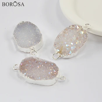 

BOROSA Natural AgatesTitanium AB White Druzy Connector for Necklace New Drusy Stone Double Charm diy for Bracelets Jewelry S1992