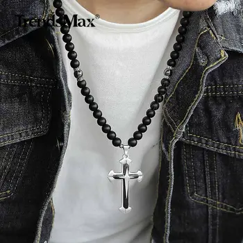 Trendsmax Matte Glass Beads Long Chain Necklace For Mens Black Cross Crucifix Pendant Necklace Religious Jewelry DN122