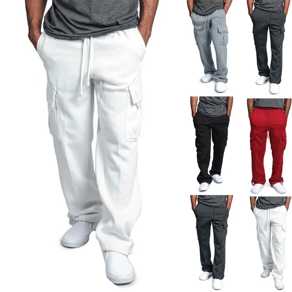 

Fashion Men Trouser Pure Color Multi-pocket Training Trousers Overalls Casual Pocket Sport Work Casual Trouser Pants M1026