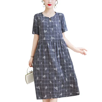 

2020 New Style Women Plus Size Dress Vintage Casual O-Neck Elegent A-Line Robe Femme Short Sleeve Vestido Print Summer Pockets