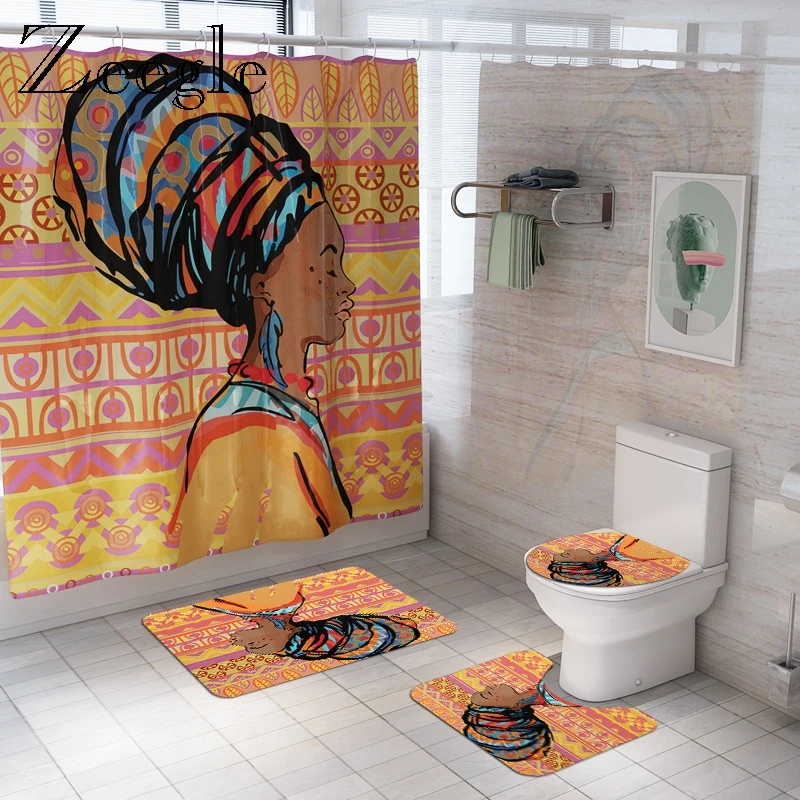 Zeegle Printed Bath Mat Set Toilet Shower Curtain Home Decoration Lid Toilet Seat Cover Anti-slip Bathroom Rug Absorption Mat