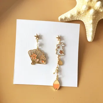 

Petals Fan Asymmetric Rabbit Clip on Earrings No Pierced Funny Sakura Cartoon Earring for Women