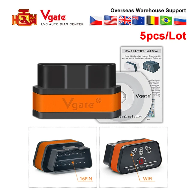 5 шт./лот Vgate iCar2 ELM 327 obd2 Bluetooth кодовый сканер elm327 V2.1 obd 2 wifi icar автоматический