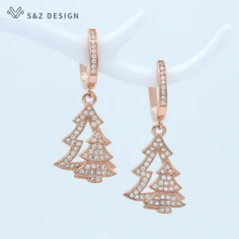 

S&Z DESIGN 2019 New Fashion Christmas Tree Dangle Earrings 585 Rose Gold Cubic Zirconia Jewelry For Women Girls Christmas Gift