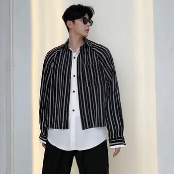 

Men Stripe Splice White Casual Long Sleeve Shirt Style Jacket Male Hip Hop Shirt Coat Outerwear