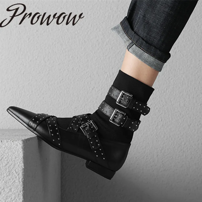 Prowow/Новинка; пикантные ботильоны из натуральной кожи черного цвета с острым носком; ботинки с металлическими шипами и пряжкой на ремешке; сезон осень-зима; женская обувь
