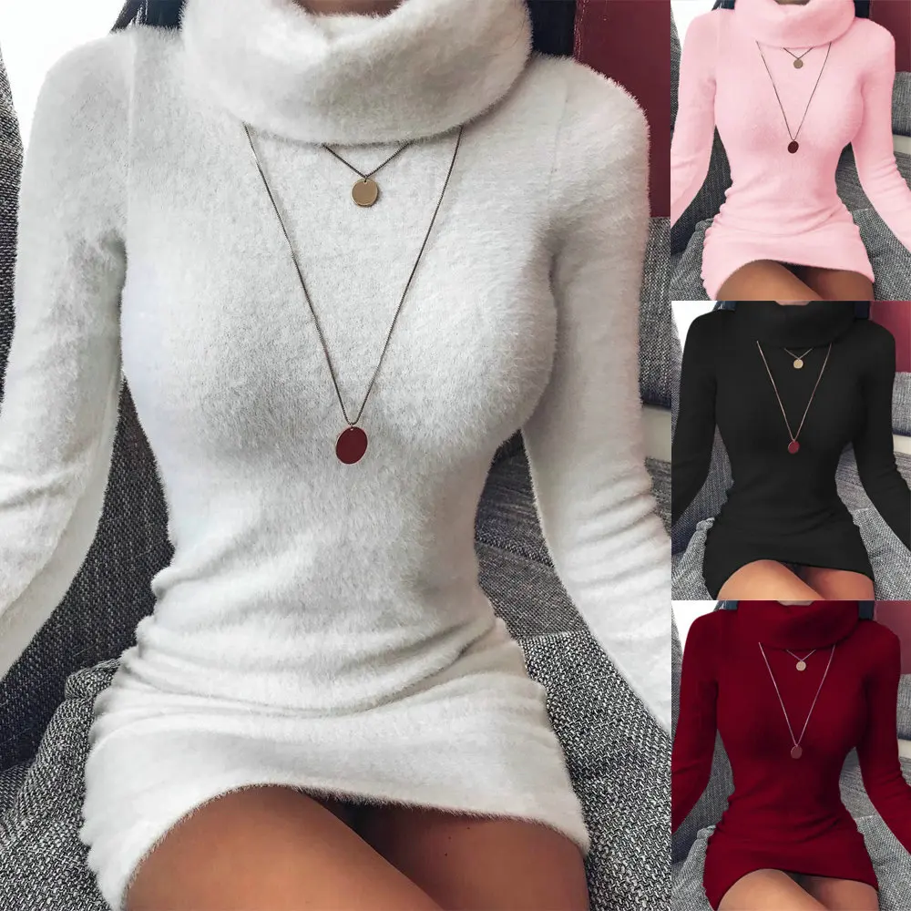 

2019 Sexy Solid Color Turtleneck Long Sleeve Skinny Women Mini Dress Sexy Dress Women Party Night Women White Dress