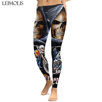 

LEIMOLIS sexy Gothic Ghost Rider death print push up leggings plus size women fitness workout punk high waist spandex leggins