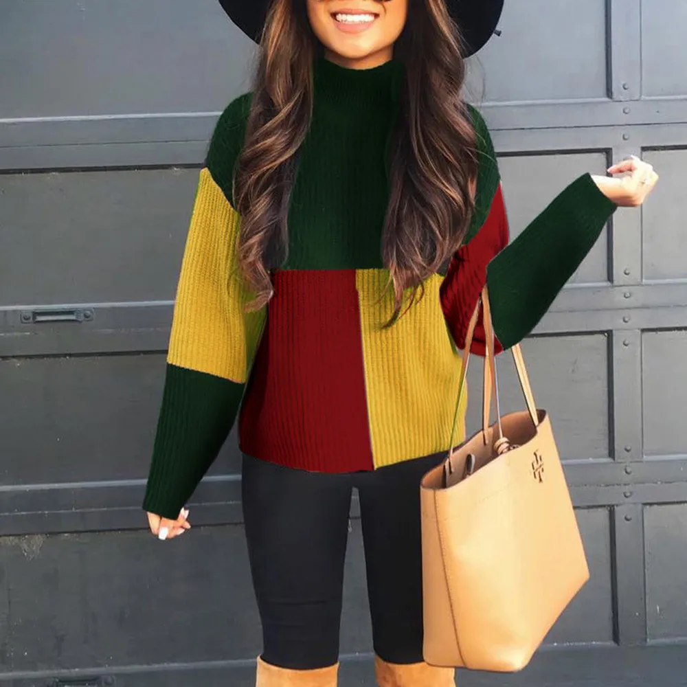 Jaycosin Women Colorblock Stand Long Sleeve Knitted Loose Sweater Tops Casual Quality Attractive Jumper Pullover Top Blouse