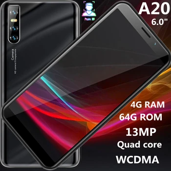 

A20 Global version quad core smartphones 4GRAM 64G ROM 6.0" big screen 13mp Face ID unlocked android mobile phones 2SIM celulars