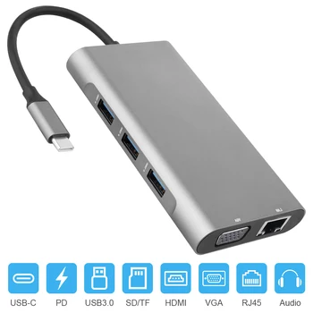 

10 in 1 USB C HUB USB Type-C to 4K HDMI VGA Converters 3.5mm SD TF Card Reader