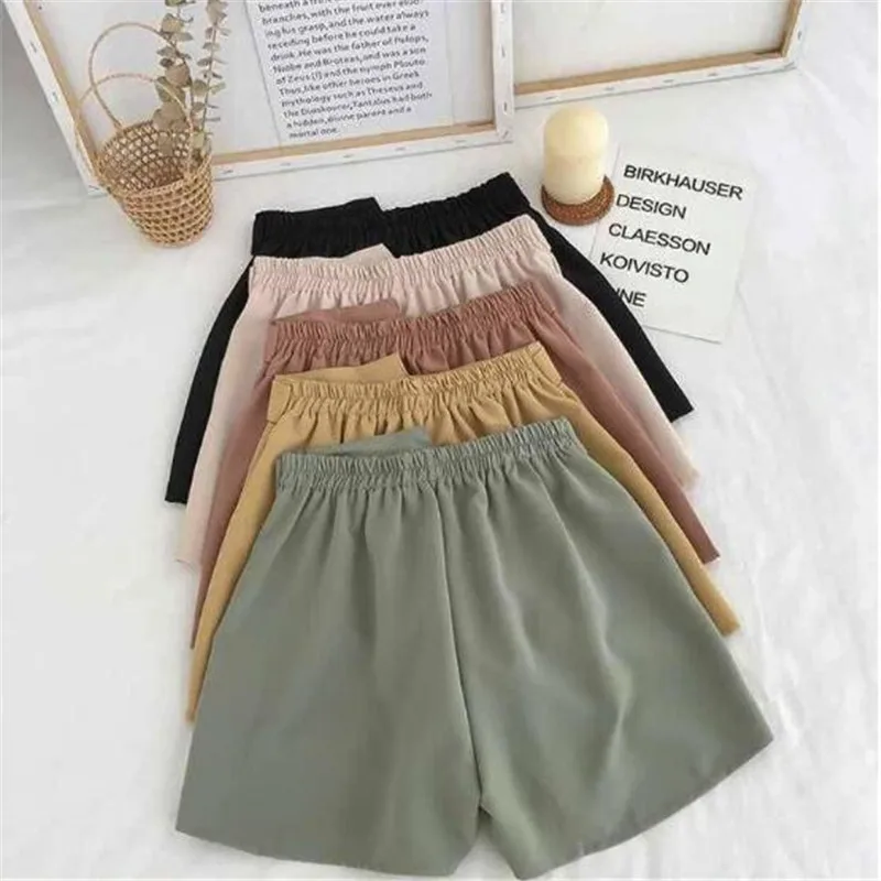 Office Elastic Waist Shorts Women Mini High Waist Shorts With Belt Wide Leg Summer 2020 Harajuku Korean Short Feminino