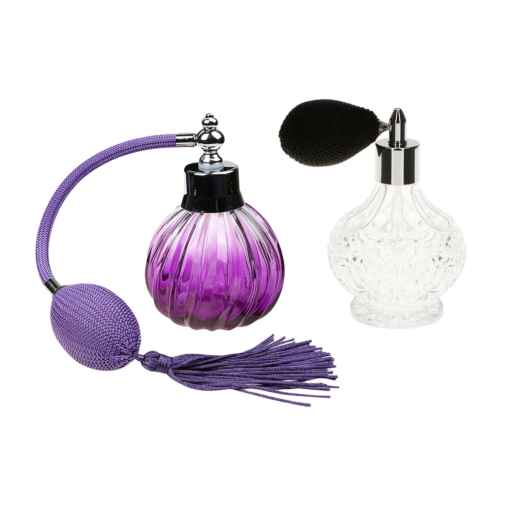 2pcs 100ml/80ml Vintage Refillable Empty Glass Perfume Bottle with Long Atomizer Spray Decor for Home Bathroom Hotel